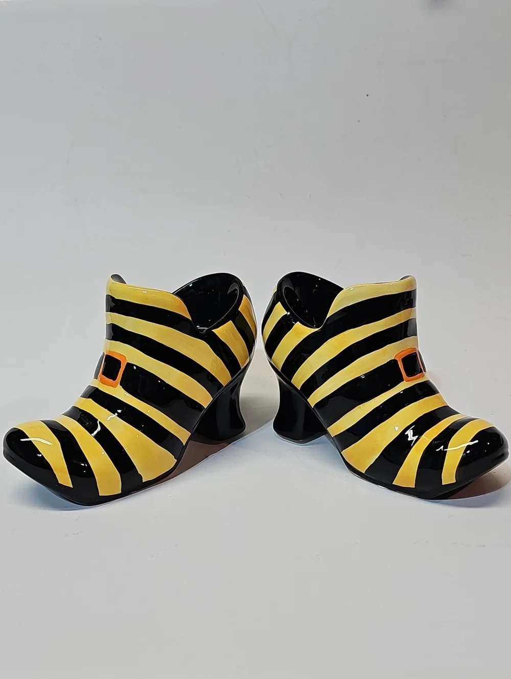 Vintage Halloween Pier 1 Imports Striped Ceramic Witch Boot/Shoe Candle Holders